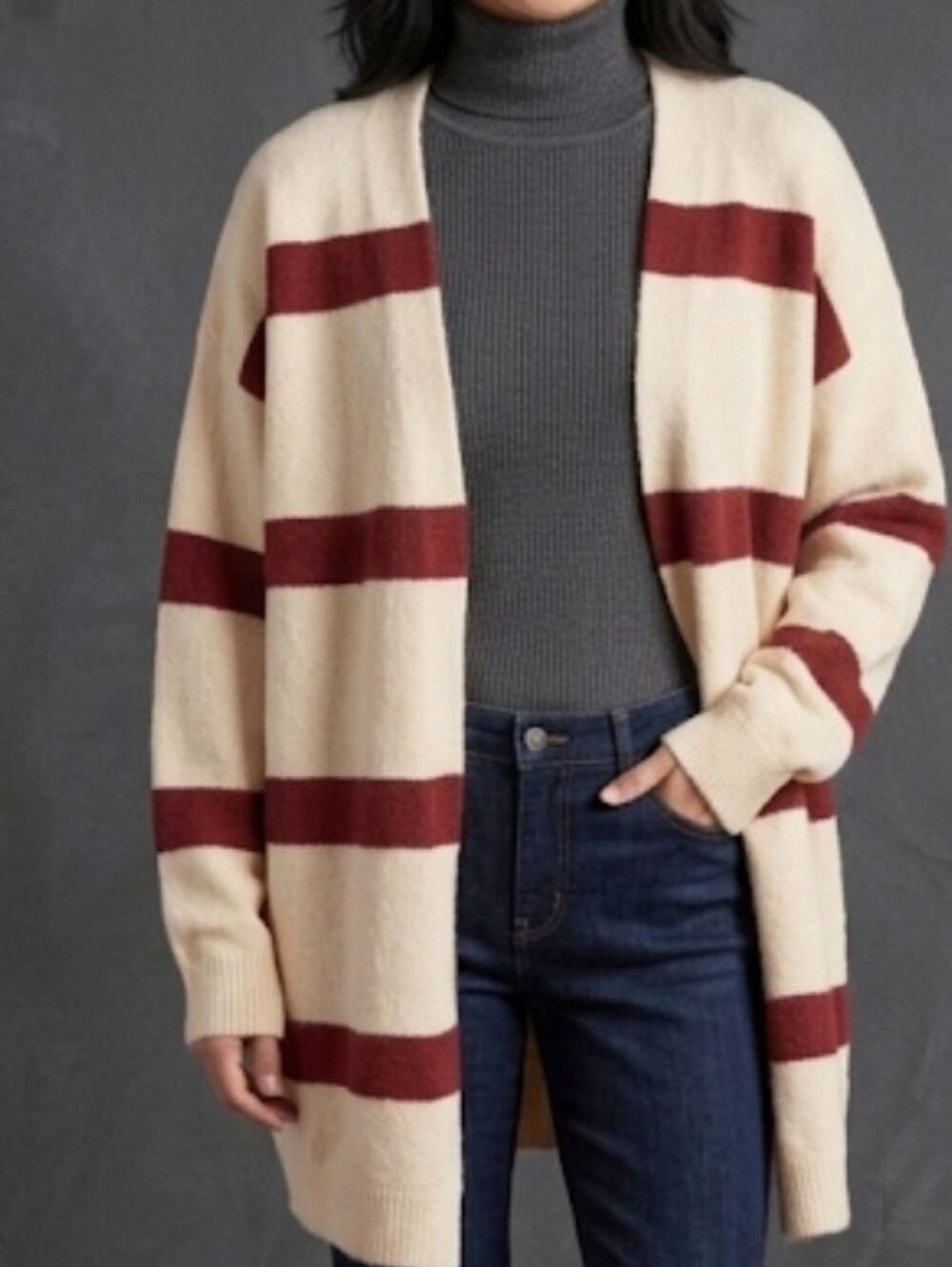 Sophie Rue Cream Cardigan with Burgundy Stripes Size S
